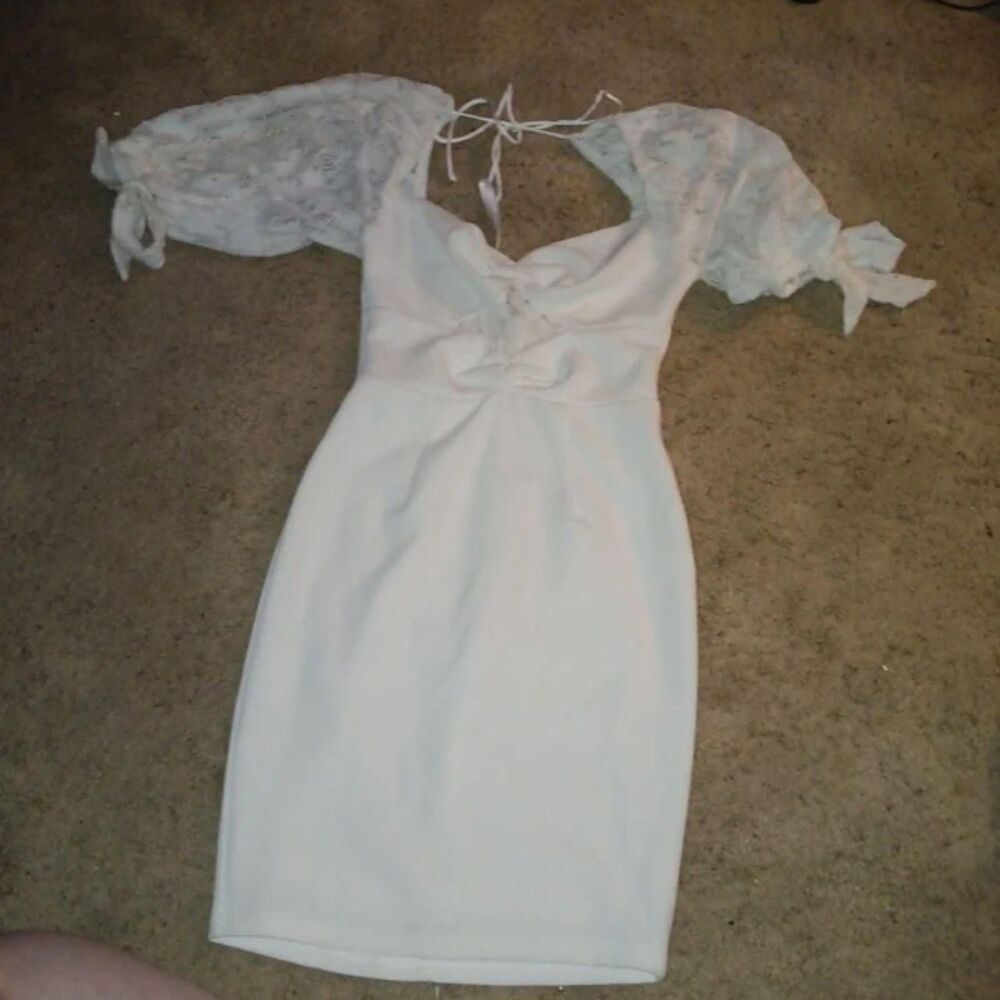 White lacy formal dress bodycon bows by here comes the sun